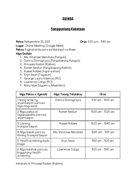 Format AT Halimbawa NG Agenda .